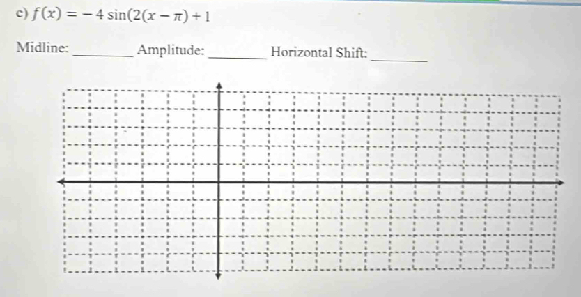 f(x)=-4sin (2(x-π )+1
_ 
Midline:_ Amplitude: _Horizontal Shift: