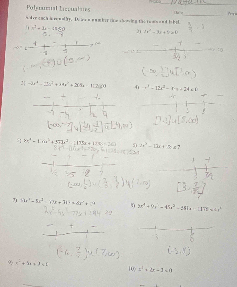 Name 
_ 
_ 
Polynomial Inequalities Date 
_Pern 
Solve each inequality. Draw a number line showing the roots and label. 
1) x^2+3x-40≤slant 0
2) 2x^2-9x+9≥ 0
3) -2x^4-13x^3+39x^2+208x-112≤ 0 4) -x^3+12x^2-35x+24≤ 0
5) 8x^4-116x^3+570x^2-1175x+1238>363 6) 2x^2-13x+28≤ 7
7) 10x^3-9x^2-77x+313>8x^3+19
8) 5x^4+9x^3-45x^2-581x-1176<4x^4
9) x^2+6x+9<0</tex> 
10) x^2+2x-3<0</tex>