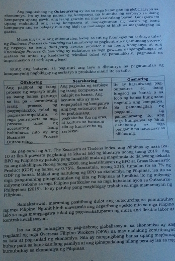 Ang pag-usbong ng Outsoureing ay isa sa mga katangian ng globalsasyon sa
ekonomiya. Ito ay mang paraan ng kompanya na kumuha ng serbisyo aa ihang
kompanya upang gawin ang ssang gawain na may kaukulang bayad. Ginagawa ito
upang makatipid ang isang kompanya at mapagtuunan ng pansin ng wang 
gastos. kompanya ang sa palagay nila ang higit na mahalaga at hindi na magdadagdag ng
Masaring uriin ang outsourcing batay so uring ibinsbigay na serbiayo tuled
ng Busíness Process Cursourcing na tumutukoy sa pagkontrata ng anumang proseso 
ng negoayo sa isang third-porty service provider o sa ibang kompanya at ang 
Knoufedge Process Outsourcing ay nakatuion sa mga gawaing nangangailangan ng
mataas na antas ng kaalamang teknikal tulad ng pananaliksik, pagsusuri ng
impormasyon at serbisyong legal.
Kung ang batayan sa pag-uuri ang layo o distansya na pagmumulan ng
y ng serbisye o produkto mauri ito sa tatle 
Sa pag-aaral ng A.T. The Kearney's at Tholons Index, ang Pilipinas ay nasa ika
10 at ika-5 puwesto pagdating sa kita at laki ng idustriya noong taong 2019. Ang
BPO ng Pilipinas ay patuloy pang lumalaki mula ng magsimula ito dalawang dekada
na ang nakalilipas. Noong taong 2000, ang kontribusyon ng BPO sa Gross Domenstic
Product (GDP) ng bansa ay 0.75%. Samantala, noong 2016, tumalon ito sa 7% ng
GDP ng bansa. Malaki ang naitulong ng BPO sa ekonomiya ng Pilipinas, isa ito sa
mga pangunahing pinagmumulan ng kita ng Pilipinas at lumikha ito ng milyong-
milyong trabaho sa mga Pilipino partikular na sa mga kabataan ayon sa Outsource-
Philippines (2019). Ito ay patuloy pang magbibigay trabaho sa mga mamamayan ng
Pilipinas
Samakatuwid, maraming positibong dulot ang outsourcing sa pamumuhay
ng mga Pilipino. Ngunit hindi mawawala ang negatibong epekto nito sa mga Pilipino
lalo sa mga manggagawa tulad ng pagsasakatuparan ng mura and flexible labor at
kontraktuwalisasyon.
Isa sa mga katangian ng pag-usbong globalisasyon sa ekonomiya ay an
pagdaming mga Overseas Filipino Wrokers (OFW) na may malaking kontribusyo
sa kita at pag-unlad ng ekonomiya. Sila ay nangingibang bansa upang maghana
buhay para sa kani-kanilang pamilya at ang ipinapadalang nilang pera ay isa sa mg
bumubuhay sa ekonomiya ng Pilipinas.