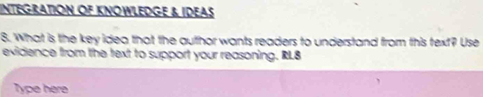 IntegRatióN OF KNOWLedGe & IDEAs 
8. What is the key idea that the author wants readers to understand from this text? Use 
evidence from the text to support your reasoning. RL8 
Type here