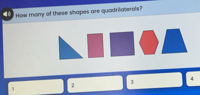 How many of these shapes are quadrilaterals?
3
4
1
2