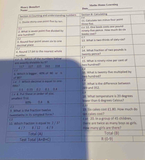 Henry Beaufort Maths Home Learning
.