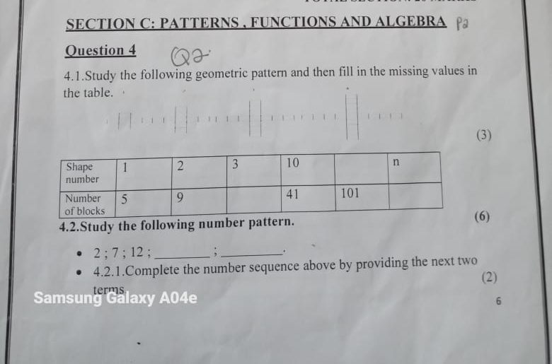 PATTERNS , FUNCTIONS AND ALGEBRA 
Question 4 
4.1.Study the following geometric pattern and then fill in the missing values in 
the table. 
(3) 
4.2.Study the following number pattern. 6)
2; 7; 12; _: _. 
4.2.1.Complete the number sequence above by providing the next two 
(2) 
terms 
Samsung Galaxy A04e 6