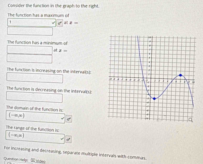 Consider the function in the graph to the right. 
The function has a maximum of 
1
sigma^4 at x=
The function has a minimum of 
at x=
The function is increasing on the interval(s): 
The function is decreasing on the interval(s): 
The domain of the function is:
(-∈fty ,∈fty )
sigma^4
The range of the function is:
(-∈fty ,∈fty )
sigma^4
For increasing and decreasing, separate multiple intervals with commas. 
Question Help; * Video