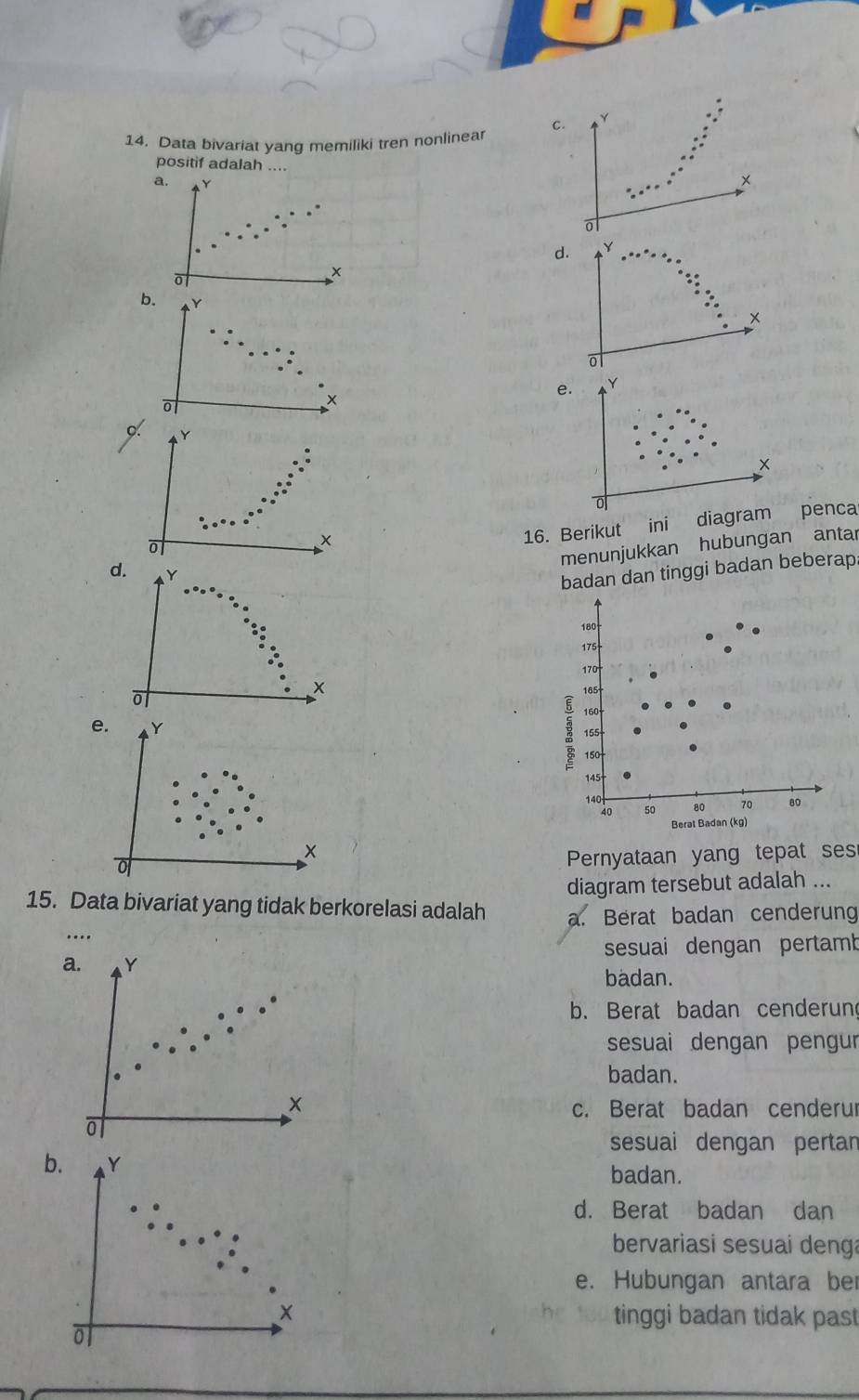 Data bivariat yang memiliki tren nonlinear C. Y
positif adalah ....
a. Y
×
o
d.
×
b. Y
×
0
0
×
e. Y
Y
×
16. Berikut ini diagram penca

×
menunjukkan hubungan antar
d. Y
badan dan tinggi badan beberap.
×
o
e. Y
Pernyataan yang tepat ses
diagram tersebut adalah ...
15. Data bivariat yang tidak berkorelasi adalah a. Berat badan cenderung
.
a. Y sesuai dengan pertamb
badan.
b. Berat badan cenderung
sesuai dengan pengur
badan.
x c. Berat badan cenderur
sesuai dengan pertan
b. Y badan.
d. Berat badan dan
bervariasi sesuai denga
e. Hubungan antara ber
tinggi badan tidak past
0