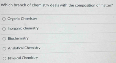 Which branch of chemistry deals with the composition of matter?
Organic Chemistry
Inorganic chemistry
Biochemistry
Analytical Chemistry
Physical Chemistry