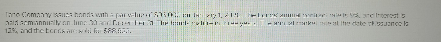 Tano Company issues bonds with a par value of $96,000 on January 1, 2020. The bonds' annual contract rate is 9%, and interest is 
paid semiannually on June 30 and December 31. The bonds mature in three years. The annual market rate at the date of issuance is
12%, and the bonds are sold for $88,923.