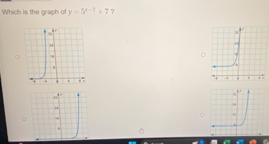 Which is the graph of y=5^(x-2)+7 ?

y
32
24
16
8