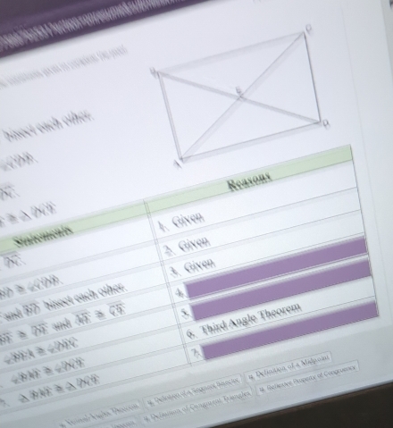 biseet each other.
CDB
N 
Reasons
3_  ` (0,9)
overline m _ 1. Given 
Statements 
2. Given
60≌ ∠ COR
andBT) bisect each other. 3. Given 
N
overline OE≌ overline OE ank overline AB≌ overline CE * 
6. Third Angle Theorem
∠ BEK≥ ∠ DEC
∠ BAE≌ ∠ DCE
A
△ BAE≌ △ DCE
Venal Aaglas Throcom' / 1. Deinton of a Segnent Binectra # Definitisa of a Malpoint 

a, Delamon of Congerent Triangles # Reheave Propeax of Congruence