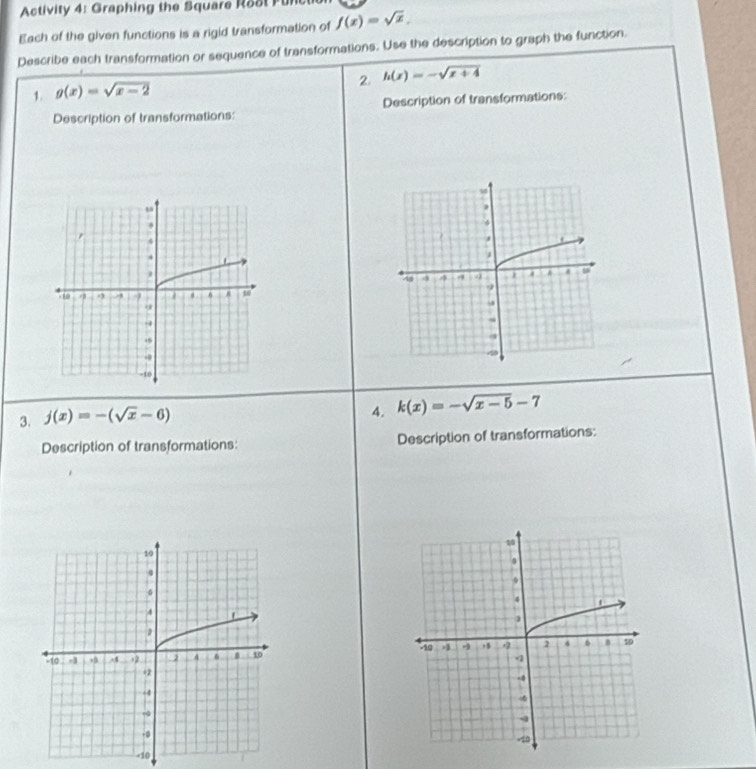 Activity 4: Graphing the Square Rost Ful 
Each of the given functions is a rigid transformation of f(x)=sqrt(x), 
Describe each transformation or sequence of transformations. Use the description to graph the function. 
2 h(x)=-sqrt(x+4)
1. g(x)=sqrt(x-2)
Description of transformations: 
Description of transformations: 
3. j(x)=-(sqrt(x)-6)
4. k(x)=-sqrt(x-5)-7
Description of transformations: Description of transformations: