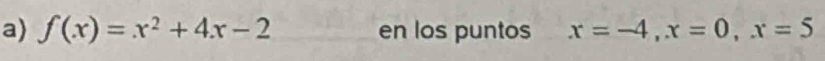 f(x)=x^2+4x-2 en los puntos x=-4, x=0, x=5