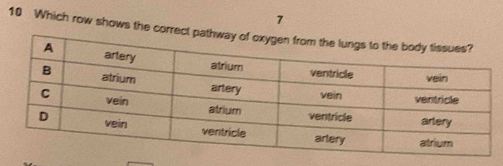 7 
10 Which row shows the correct