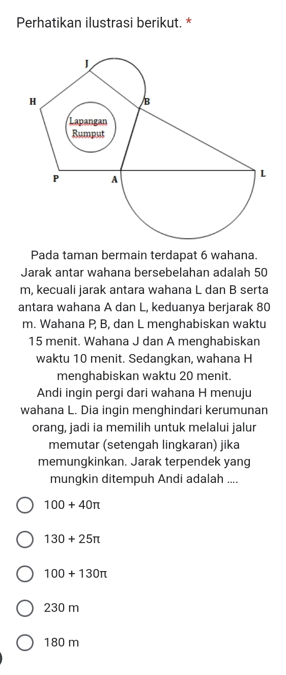 Perhatikan ilustrasi berikut. *
Pada taman bermain terdapat 6 wahana.
Jarak antar wahana bersebelahan adalah 50
m, kecuali jarak antara wahana L dan B serta
antara wahana A dan L, keduanya berjarak 80
m. Wahana P, B, dan L menghabiskan waktu
15 menit. Wahana J dan A menghabiskan
waktu 10 menit. Sedangkan, wahana H
menghabiskan waktu 20 menit.
Andi ingin pergi dari wahana H menuju
wahana L. Dia ingin menghindari kerumunan
orang, jadi ia memilih untuk melalui jalur
memutar (setengah lingkaran) jika
memungkinkan. Jarak terpendek yang
mungkin ditempuh Andi adalah ....
100+40π
130+25π
100+130π
230 m
180 m