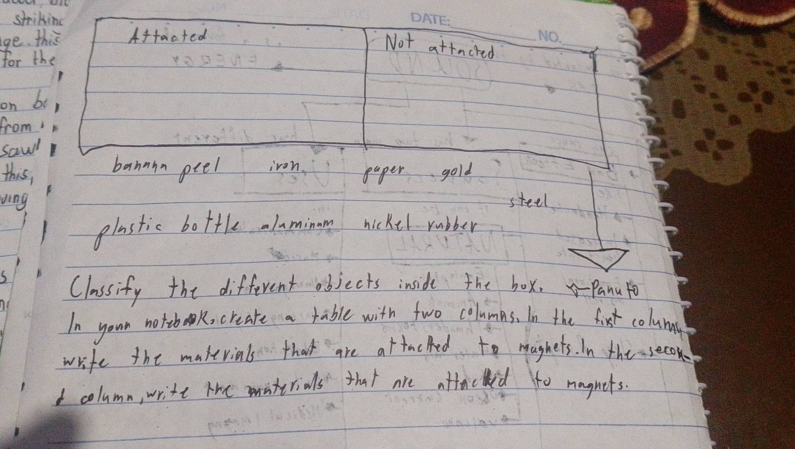 stri 
ge. 
for t 
on b 
from 
saw! 
n pe 
this, paper gold 
ving steel 
plastic bottle laminm nickel rubber 
Classify the different objects inside the box. Panuto 
In your notebook, creake a table with two columas. In the first column 
wrife the maserials that are attached to maghets. In the secon 
I column, write the misterials' that are atfeced to magnets.