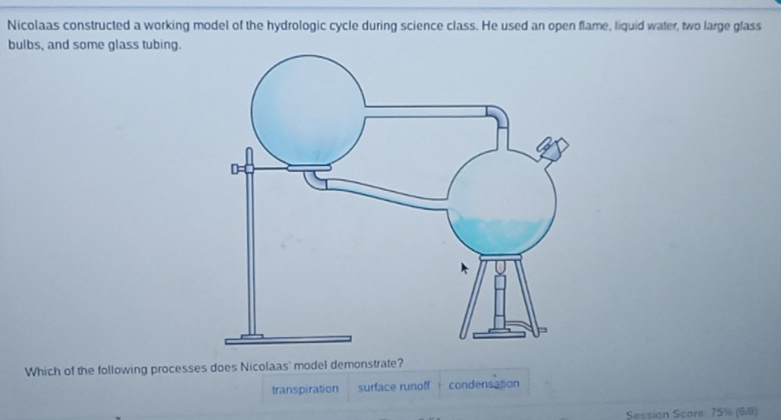 Nicolaas constructed a working model of the hydrologic cycle during science class. He used an open flame, liquid water, two large glass
bulbs, and some glass tubing.
Which of the following processes does Nicolaas' model demonstrate?
transpiration surface runoff condensation
Session Score: 75% (60)