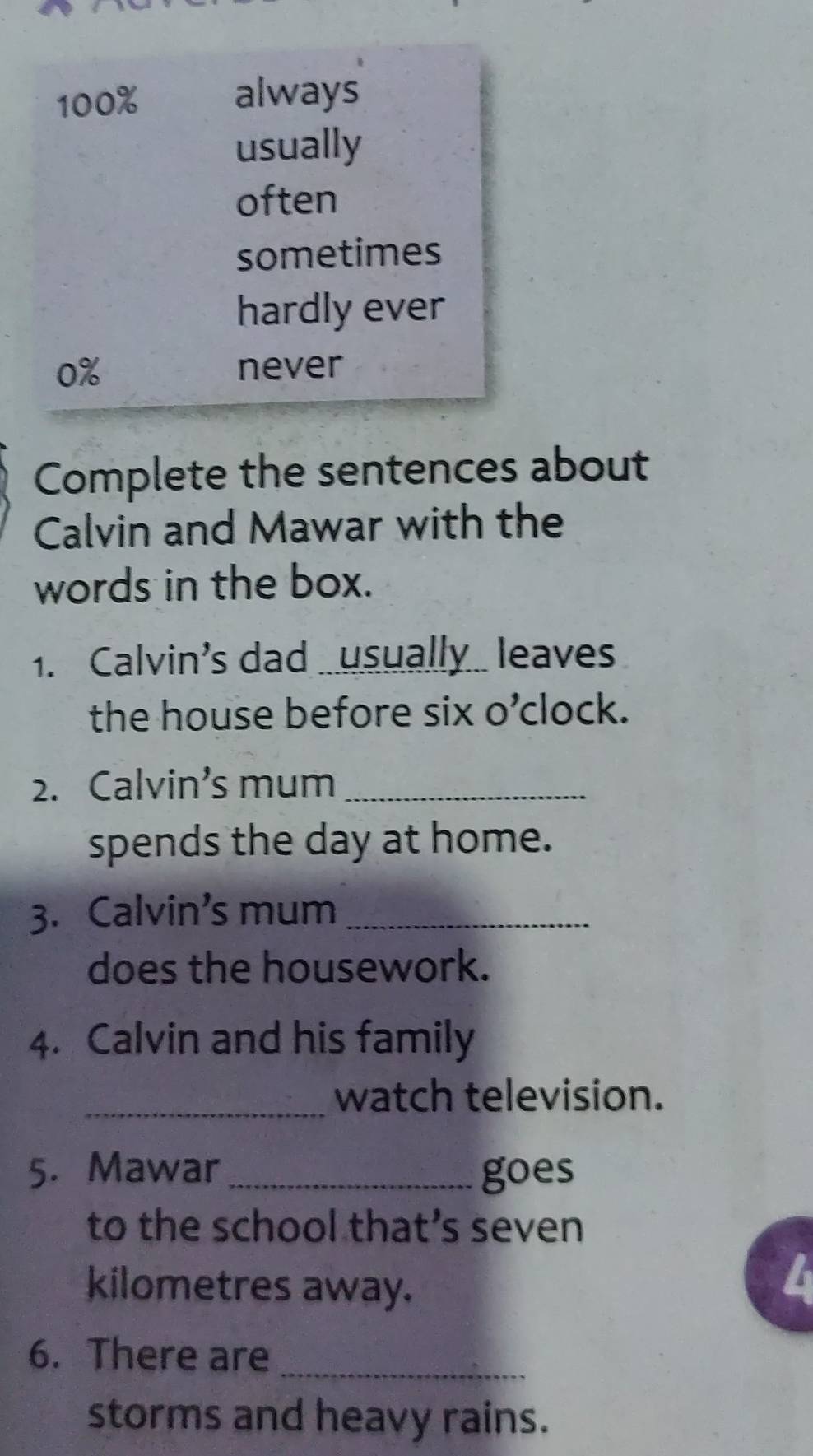 100% always
usually
often
sometimes
hardly ever
0% never
Complete the sentences about
Calvin and Mawar with the
words in the box.
1. Calvin's dad usually leaves
the house before six o’clock.
2. Calvin’s mum_
spends the day at home.
3. Calvin’s mum_
does the housework.
4. Calvin and his family
_watch television.
5. Mawar_ goes
to the school that’s seven
kilometres away.
6. There are_
storms and heavy rains.