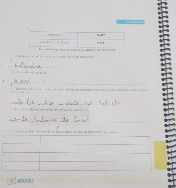 MAZEMÁTICAL D 
nte: Biblioteca Virtual do Governo do Estado de São Paulo (2018). 
Escreva o nome da cidade com maior número de habitantes 
, _ha 
b. Quantos habitantes há? 
_ 
Escreva o nome da cidade que tem o número de habitantes mais próximo da cidade que você colocou 
na questão a 
_ 
d Qual a cidade que tem o menor número de habitantes? 
_ 
C Escolha quatro números da tabela e escreva-os usando algarismo e por extenso 
ANOTACÕES