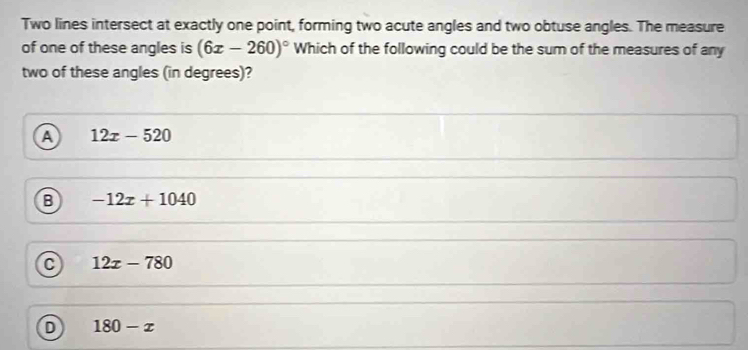 Solved: Two lines intersect at exactly one point, forming two acute ...