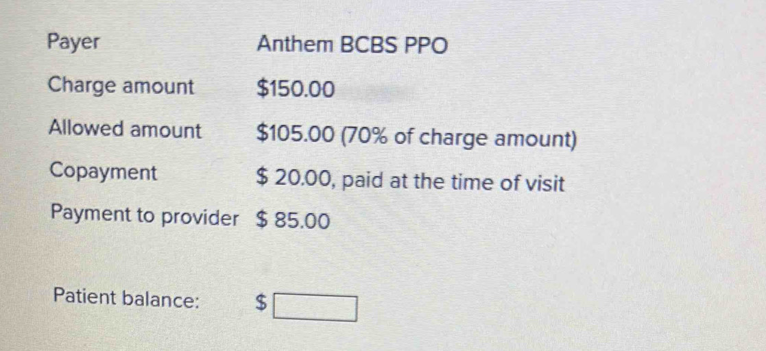 Payer Anthem BCBS PPO 
Charge amount $150.00
Allowed amount $105.00 (70% of charge amount) 
Copayment $ 20.00, paid at the time of visit 
Payment to provider ! $ 85.00
Patient balance: $□