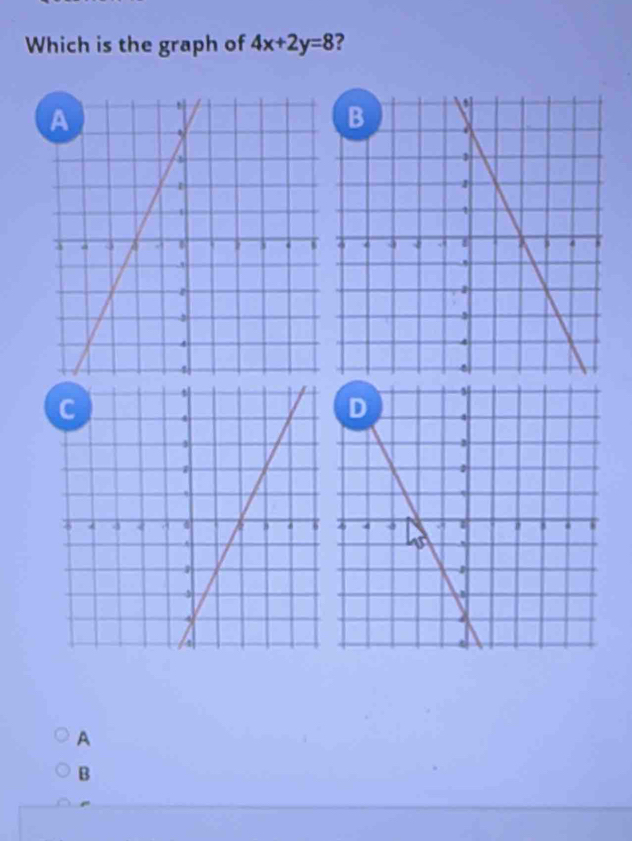 Which is the graph of 4x+2y=8 ?
A
B