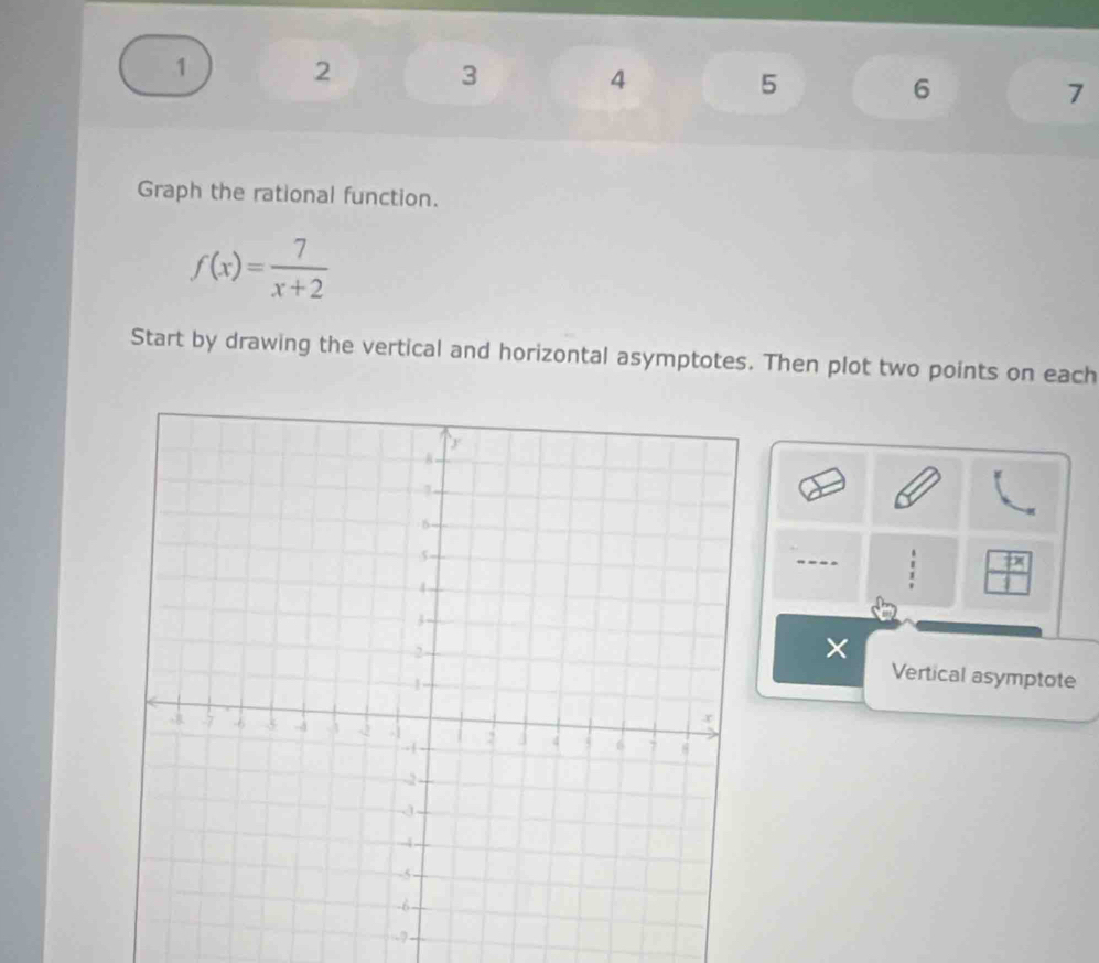 1 2 3 4 5 6 7 
Graph the rational function.
f(x)= 7/x+2 
Start by drawing the vertical and horizontal asymptotes. Then plot two points on each 
_  
× 
Vertical asymptote 
-?-