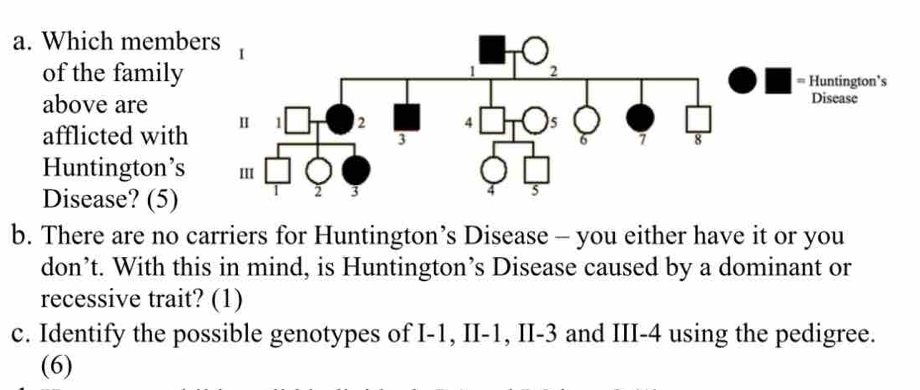 Which memb 
of the family 
above are 
afflicted with 
Huntington’s 
Disease? (5) 
b. There are no carriers for Huntington’s Disease - you either have it or you 
don’t. With this in mind, is Huntington’s Disease caused by a dominant or 
recessive trait? (1) 
c. Identify the possible genotypes of I -1, II -1, II -3 and III -4 using the pedigree. 
(6)