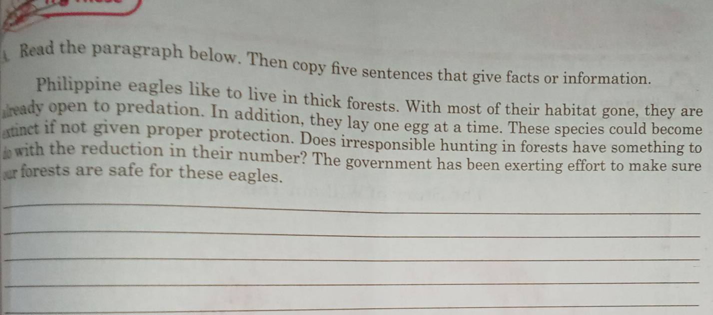 Read the paragraph below. Then copy five sentences that give facts or information. 
Philippine eagles like to live in thick forests. With most of their habitat gone, they are 
heady open to predation. In addition, they lay one egg at a time. These species could become 
atact if not given proper protection. Does irresponsible hunting in forests have something to 
h with the reduction in their number? The government has been exerting effort to make sure 
rforests are safe for these eagles. 
_ 
_ 
_ 
_ 
_