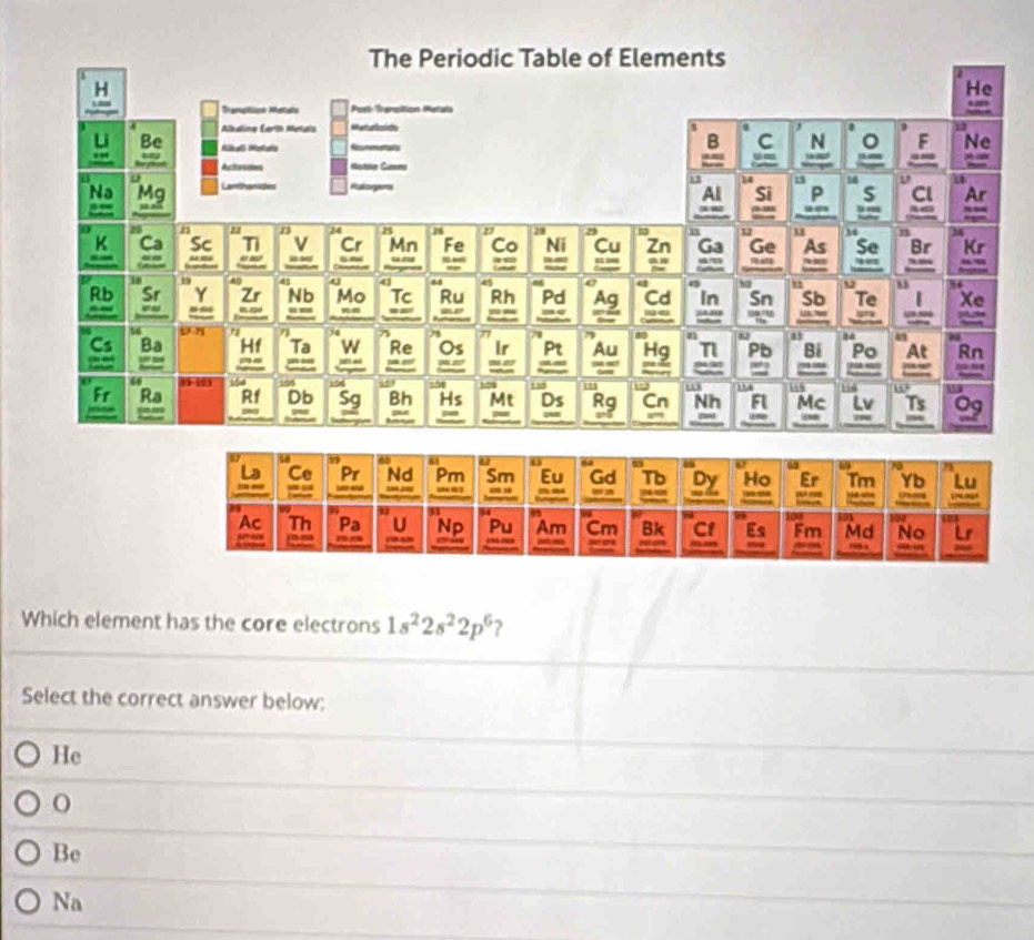 Which element has the core electrons 1s^22s^22p^6 ?
Select the correct answer below:
He
Be
Na