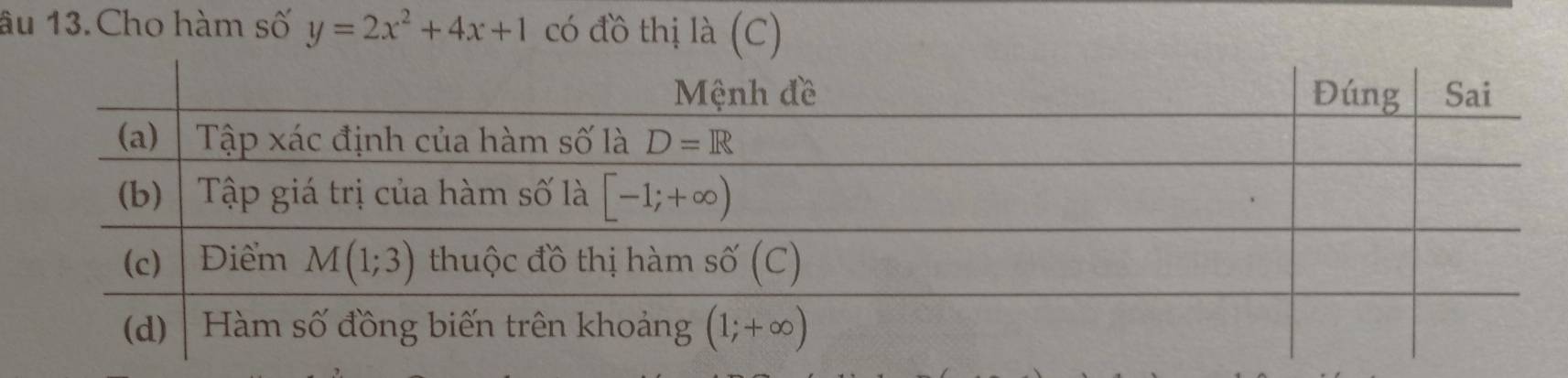 âu 13. Cho hàm số y=2x^2+4x+1 có đồ thị là (C)