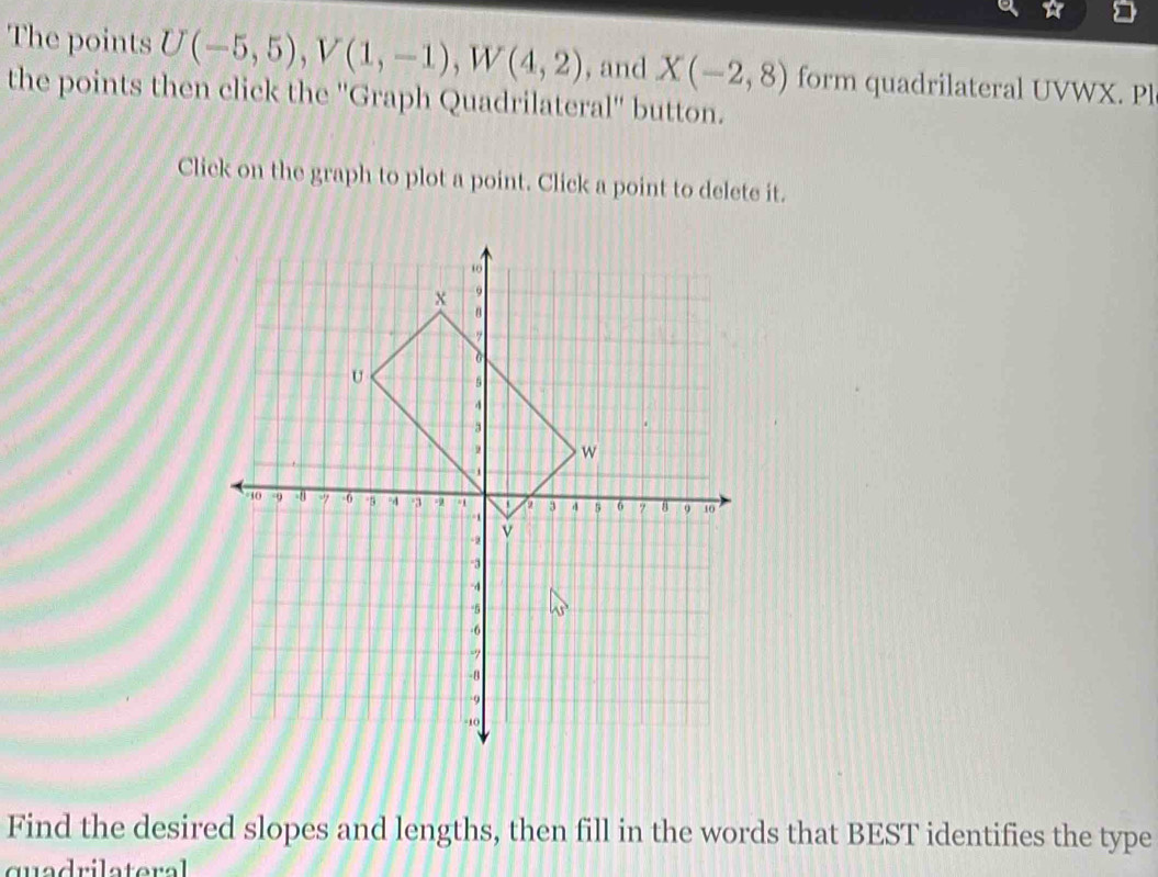 ☆ 
The points U(-5,5), V(1,-1), W(4,2) , and X(-2,8) form quadrilateral UVWX. Pl 
the points then click the ''Graph Quadrilateral'' button. 
Click on the graph to plot a point. Click a point to delete it. 
Find the desired slopes and lengths, then fill in the words that BEST identifies the type 
quadrilateral