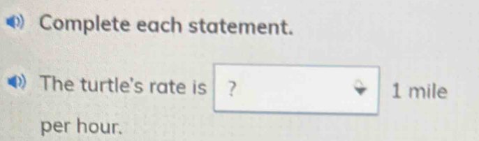Complete each statement. 
The turtle's rate is ? 1 mile
per hour.