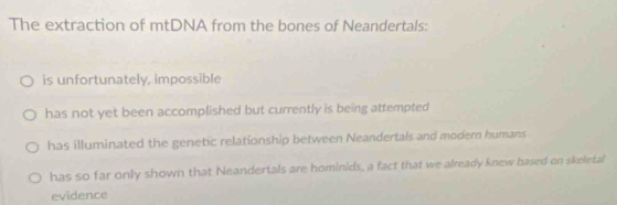 The extraction of mtDNA from the bones of Neandertals:
is unfortunately, impossible
has not yet been accomplished but currently is being attempted
has illuminated the genetic relationship between Neandertals and modern humans
has so far only shown that Neandertals are hominids, a fact that we already knew based on skeletal
evidence