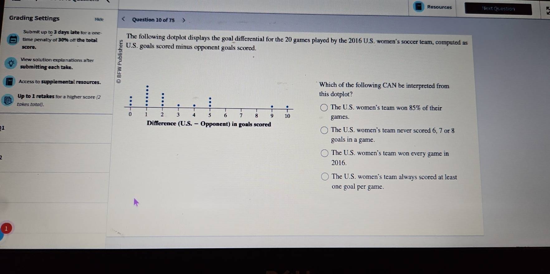 Resources Next Question
Grading Settings Hide Question 10 of 75
Submit up to 3 days late for a one-
time penalty of 30% off the total The following dotplot displays the goal differential for the 20 games played by the 2016 U.S. women's soccer team, computed as
score. U.S. goals scored minus opponent goals scored.
View solution explanations after F
submitting each take.
Access to supplemental resources.Which of the following CAN be interpreted from
Up to 1 retakes for a higher score (2
this dotplot?
takes total).The U.S. women's team won 85% of their
games.
)1 The U.S. women's team never scored 6, 7 or 8
goals in a game.
The U.S. women's team won every game in
2016.
The U.S. women's team always scored at least
one goal per game.