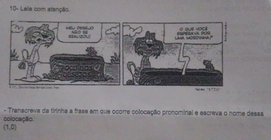 10- Leia com atenção. 
- Transcreva da tirinha a frase em que ocorre colocação pronominal e escreva o nome dessa 
colocação.
(1,0)