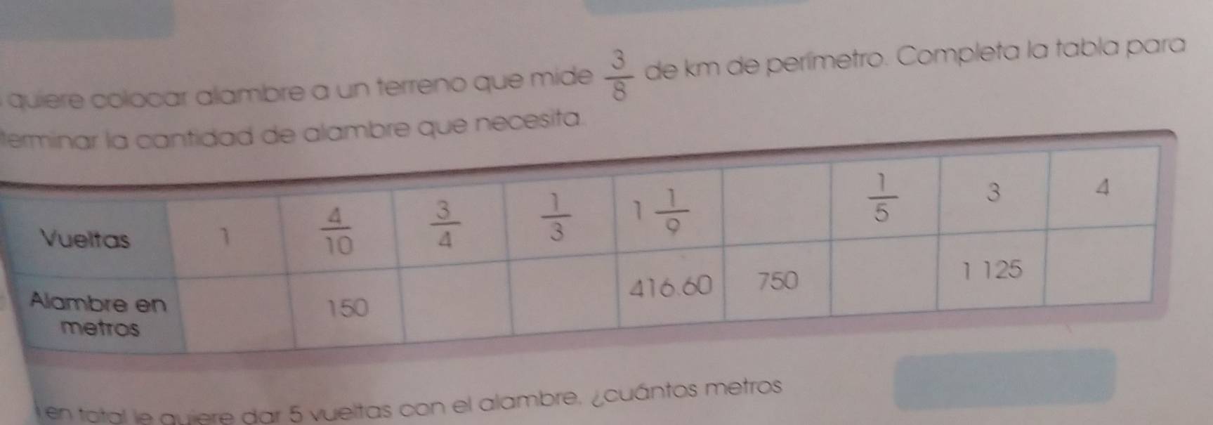 quiere colocar alambre a un terreno que mide  3/8  de km de perímetro. Completa la tabla para
tque necesita.
en total le quiere dar 5 vueltas con el alambre. ¿cuántos metros