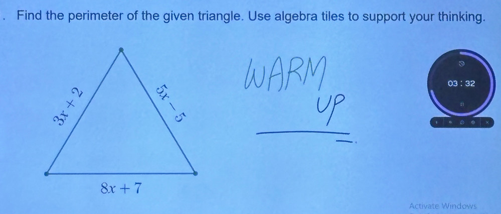 Find the perimeter of the given triangle. Use algebra tiles to support ...