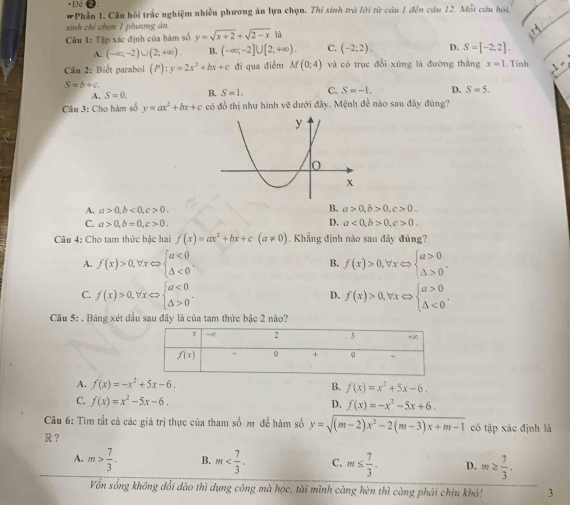 Phần 1, Câu hỏi trắc nghiệm nhiều phương án lựa chọn. Thí sinh trả lời từ câu 1 đến câu 12. Mỗi câu hỏi,
sinh chỉ chọn 1 phương án.
Câu 1: Tập xác định của hàm số y=sqrt(x+2)+sqrt(2-x)
D.
A. (-∈fty ;-2)∪ (2;+∈fty ). B. (-∈fty ;-2]∪ [2;+∈fty ). C. (-2;2). S=[-2;2].
Câu 2: Biết parabol (P):y=2x^2+bx+c đi qua điểm M(0;4) và có trục đối xứng là đường thắng x=1. Tính
S=b+c.
A. S=0. B. S=1. C. S=-1.
D. S=5.
Câu 3: Cho hàm số y=ax^2+bx+c có đồ thị như hình vẽ dưới đây. Mệnh đề nào sau đây đúng?
A. a>0,b<0,c>0. B. a>0,b>0,c>0.
C. a>0,b=0,c>0. D. a<0,b>0,c>0.
Câu 4: Cho tam thức bậc hai f(x)=ax^2+bx+c(a!= 0). Khẳng định nào sau đây đúng?
A. f(x)>0,forall xLeftrightarrow beginarrayl a<0 △ <0endarray. . f(x)>0,forall xLeftrightarrow beginarrayl a>0 △ >0endarray. .
B.
C. f(x)>0,forall xLeftrightarrow beginarrayl a<0 △ >0endarray. . f(x)>0,forall xLeftrightarrow beginarrayl a>0 △ <0endarray. .
D.
Câu 5: . Bảng xét dấu sau đây là của tam thức bậc 2 nào?
A. f(x)=-x^2+5x-6. B. f(x)=x^2+5x-6.
C. f(x)=x^2-5x-6.
D. f(x)=-x^2-5x+6.
Câu 6: Tìm tất cả các giá trị thực của tham số m đề hàm số y=sqrt((m-2)x^2-2(m-3)x+m-1) có tập xác định là
R？
B.
A. m> 7/3 . m m≤  7/3 . D. m≥  7/3 .
C.
Vốn sống không dồi dào thì dụng công mà học, tài mình càng hèn thì càng phải chịu khó!
3