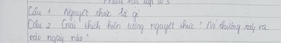 friew nove My so s 
Cau 1. Ngnyet thuic hà qì 
Cau 2 Cnài Mhuch Aiéen luāng nquyet thuic? No thuáng xay ra 
vàio ngaj nào?