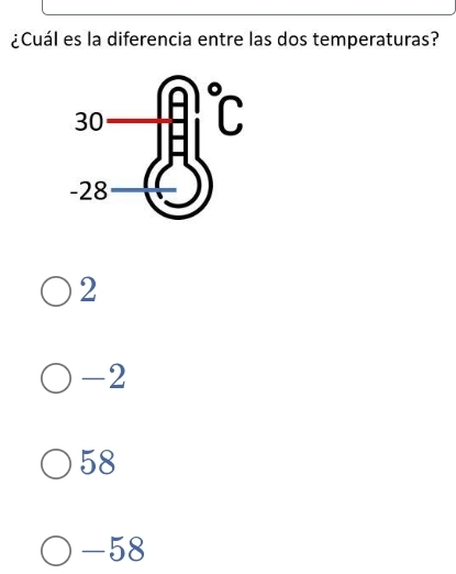 ¿Cuál es la diferencia entre las dos temperaturas?
2
-2
58
-58