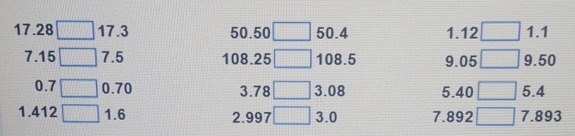 17.28 □ ] 17.3 50.50 □ ] 50.4 1.12 □ 1.1
7.15 [ □ ] 7.5 108.25₹ □ ₹108.5 9.05 □ 9.50
0.7 [ □ 0.70 3.78₹ □ ] 3.08 5.40₹ frac □  ₹ 5.4
1.412 □ 1.6 a 2.997 □ 3.0 7.892 _ 7.893