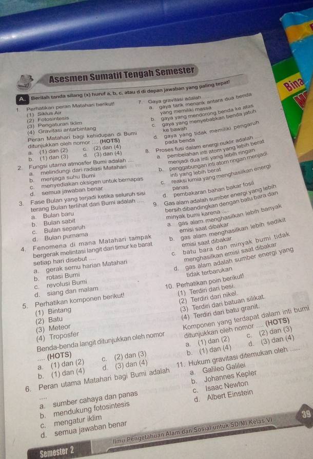 Asesmen Sumatif Tengah Semester
Berilah tanda silang (x) huruf a, b, c, atau d di depan jawaban yang paling tepat! Bina
a gaya tarik menarik antara dua benda
1. Perhatikan peran Matahari berikut! 7 Gaya gravitasi adaiah
yang memiliki massa
b gaya yang mendorong benda ke atas
(2) Fotosintesis (1) Siklus Air
(3) Pengaturan Iklim
c. gaya yang menyebabkan benda jatuh
d. gaya yang tidak memiliki pengaruh
(4) Gravitasi antarbintang
Peran Matahari bagi kehidupan di Bumi ke bawah
ditunjukkan oleh nomor .... (HOTS)
a. (1) dan (2) c. (2) dan (4) pada benda
a  pembelahan inti atom yang lebih berat
2. Fungsi utama atmosfer Bumi adalah 8. Proses fusi dalam energi nuklir adalah
b. (1) dan (3) d. (3) dan (4)
menjadi dua inti yang lebih ringan
a melindungi dari radiasi Matahari
b penggabungan inti atom ringan menjadi
c.  reaksi kimia yang menghasilkan energ
b. menjaga suhu Bumi
c. menyediakan oksigen untuk bemapas inti yang lebih berat
d. semua jawaban benar
3. Fase Bulan yang terjadi ketika seluruh sisi panas
9. Gas alam adalah sumber energi yang lebih
a. Bulan baru terang Bulan terlihat dari Bumi adalah d. pembakaran bahan bakar fosi
bersih dibandingkan dengan batu bara dan
a gas alam menghasilkan lebih banyak
b. Bulan sabit
c. Bulan separuh minyak bumi karena
emisi saat dibakar
4. Fenomena di mana Matahari tampak b. gas alam menghasilkan lebih sedikit
d. Bulan purama
emisi saat dibakar
bergerak melintasi langit dari timur ke barat setiap hari disebut ….
menghasilkan emisi saät dibakar
b. rotasi Bumi a gerak semu harian Matahari c batu bara dan minyak bumi tidak
d. gas alam adalah sumber energi yang
tidak terbarukan
c. revolusi Bumi
5. Perhatikan komponen berikut! 10. Perhatikan poin berikut!
d. siang dan malam
(1) Terdiri dari besi.
(2) Terdiri dari nikel.
(1) Bintang
(3) Terdiri dari batuan silikat.
(2) Batu
(4) Terdiri dari batu granit.
(3) Meteor
Benda-benda langit ditunjukkan oleh nomor Komponen yang terdapat dalam inti bumi
(4) Troposfer
ditunjukkan oleh nomor .... (HOTS)
a. (1) dan (2) c. (2) dan (3)
d. (3) dan (4)
.... (HOTS)
b. (1) dan (4) a. (1) dan (2) c. (2) dan (3) b. (1) dan (4)
d. (3) dan (4)
6. Peran utama Matahari bagi Bumi adalah 11. Hukum gravitasi ditemukan oleh .....
a. Galileo Galilei
b. Johannes Kepler
a. sumber cahaya dan panas c. Isaac Newton
b. mendukung fotosintesis d. Albert Einstein
c. mengatur iklim
39
d. semua jawaban benar
Semester 2 llmu Pengetahuan Alam dan Sosial untuk SD/MI Kelas VI