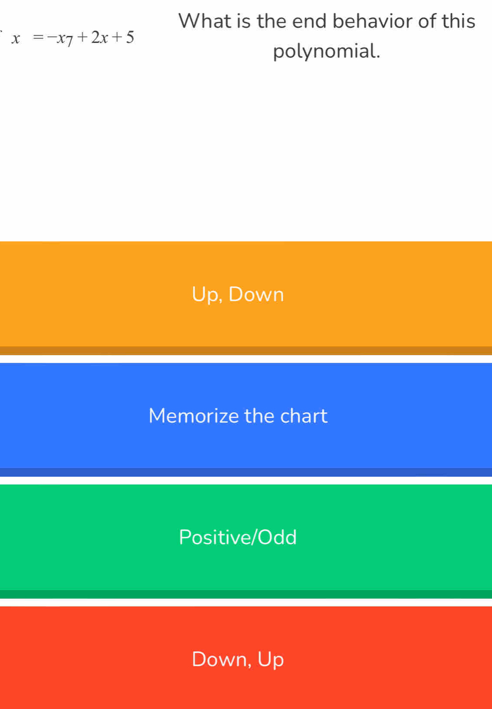 What is the end behavior of this
x=-x_7+2x+5
polynomial.
Up, Down
Memorize the chart
Positive/Odd
Down, Up