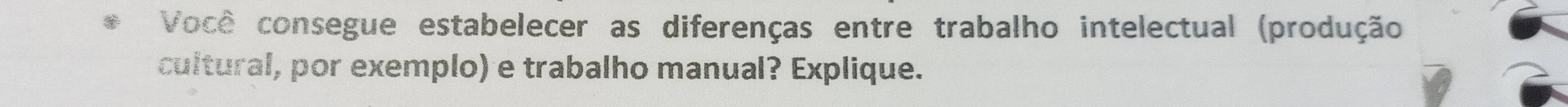 Você consegue estabelecer as diferenças entre trabalho intelectual (produção 
cultural, por exemplo) e trabalho manual? Explique.