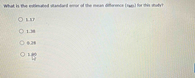 What is the estimated standard error of the mean difference (sMD) for this study?
1.17
1.38
0.28
1.00