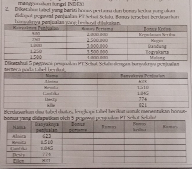 menggunakan fungsi INDEX! 
2. Diketahui tabel yang berisi bonus pertama dan bonus kedua yang akan 
didapat pegawai penjualan PT Sehat Selalu. Bonus tersebut berdasarkan 
banyaknya penjualan yang 
Diketahui 5 pegawai penjualan PT.Sehat Selalu dengan banyaknya penjualan 
Berdasarkan dua tabel diatas, lengkapi tabel berikut untuk menentukan bonus- 
b oleh 5 pegawai penjualan PT Sehat Selalu!