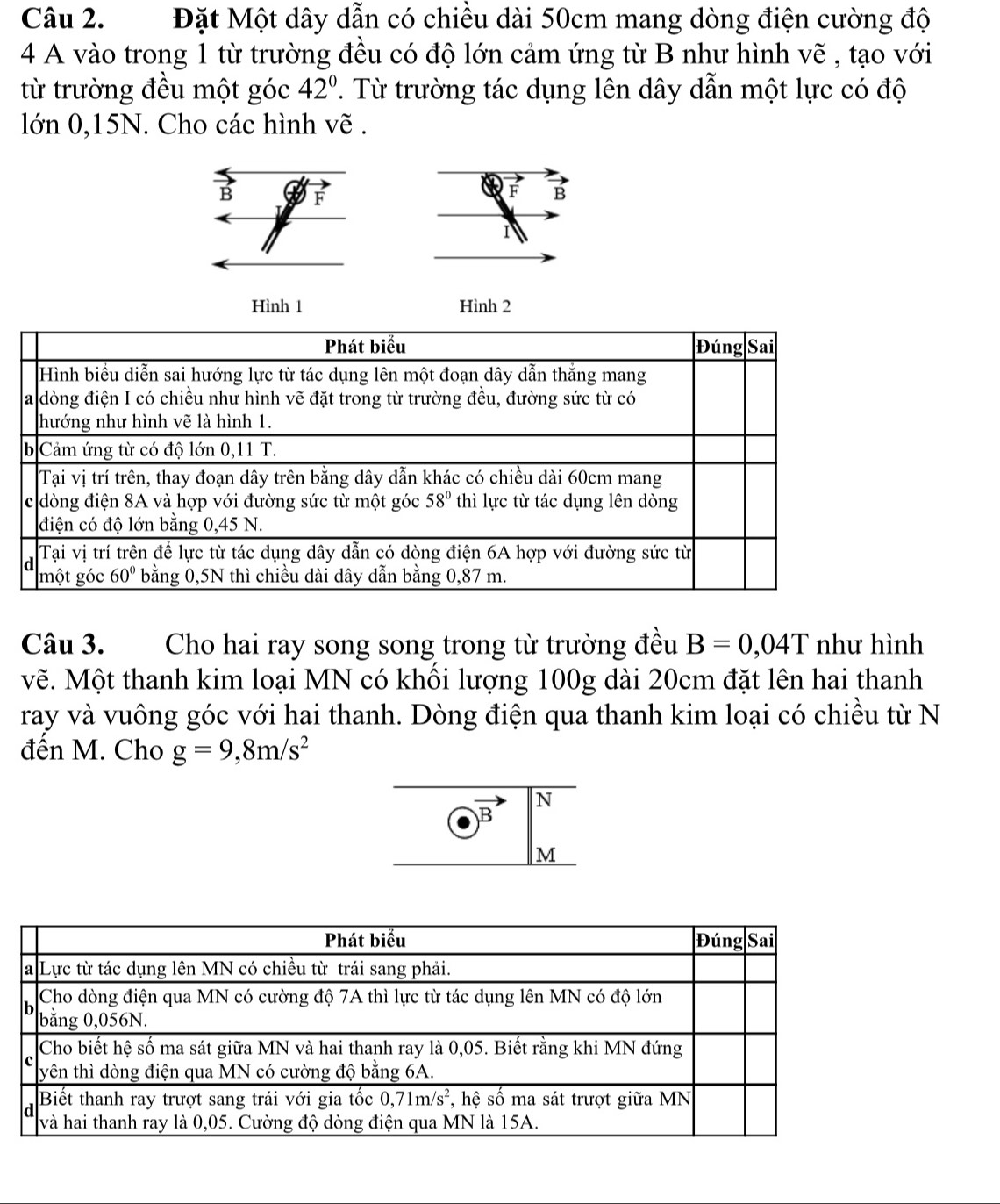 Đặt Một dây dẫn có chiều dài 50cm mang dòng điện cường độ
4 A vào trong 1 từ trường đều có độ lớn cảm ứng từ B như hình vẽ , tạo với
từ trường đều một góc 42°.  Từ trường tác dụng lên dây dẫn một lực có độ
lớn 0,15N. Cho các hình vẽ .
B F
F B
1
Hình 1 Hình 2
Câu 3. Cho hai ray song song trong từ trường đều B=0,04T như hình
vẽ. Một thanh kim loại MN có khối lượng 100g dài 20cm đặt lên hai thanh
ray và vuông góc với hai thanh. Dòng điện qua thanh kim loại có chiều từ N
đến M. Cho g=9,8m/s^2
N
B
M