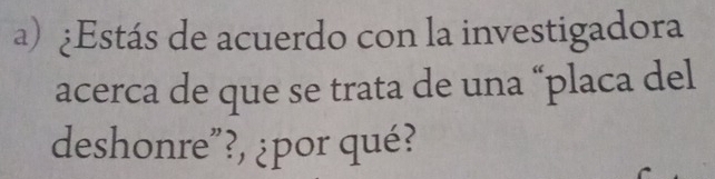 ¿Estás de acuerdo con la investigadora 
acerca de que se trata de una “placa del 
deshonre”?, ¿por qué?