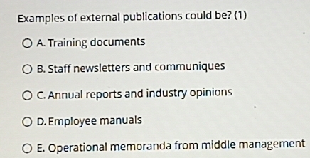 Solved: Examples of external publications could be? (1) A. Training ...
