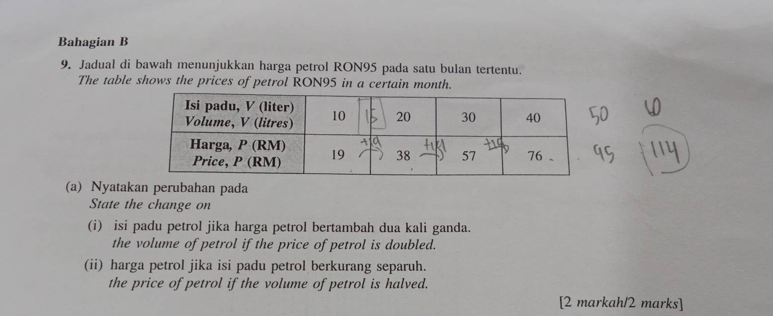 Bahagian B 
9. Jadual di bawah menunjukkan harga petrol RON95 pada satu bulan tertentu. 
The table shows the prices of petrol RON95 in a certain month. 
(a) Nyatakan perubahan pada 
State the change on 
(i) isi padu petrol jika harga petrol bertambah dua kali ganda. 
the volume of petrol if the price of petrol is doubled. 
(ii) harga petrol jika isi padu petrol berkurang separuh. 
the price of petrol if the volume of petrol is halved. 
[2 markah/2 marks]