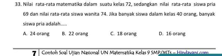 Nilai rata-rata matematika dalam suatu kelas 72, sedangkan nilai rata-rata siswa pria
69 dan nilai rata-rata siswa wanita 74. Jika banyak siswa dalam kelas 40 orang, banyak
siswa pria adalah.....
A. 24 orang B. 22 orang C. 18 orang D. 16 orang
7 Contoh Soal Ujian Nasional UN Matematika Kelas 9 SMP/MTs - Hindavani.com